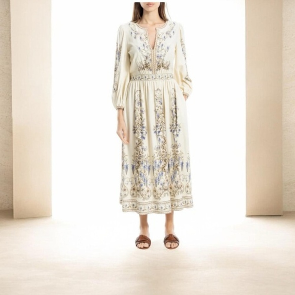 Floral Print Balloon Sleeve Maxi linen Dress long sleeve - Picture 4 of 10